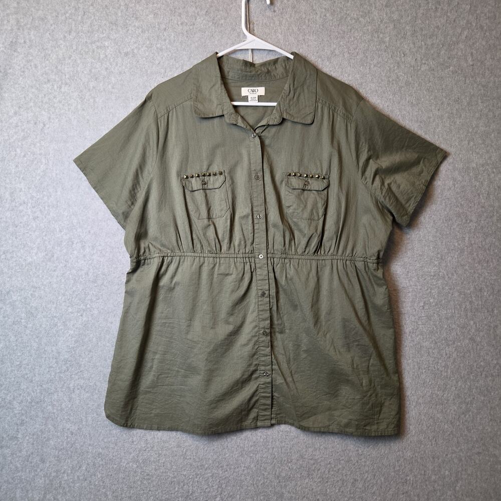Cato Cotton Olive Green Studded Button Up Shirt Size Plus 18/20W Elastic Waist